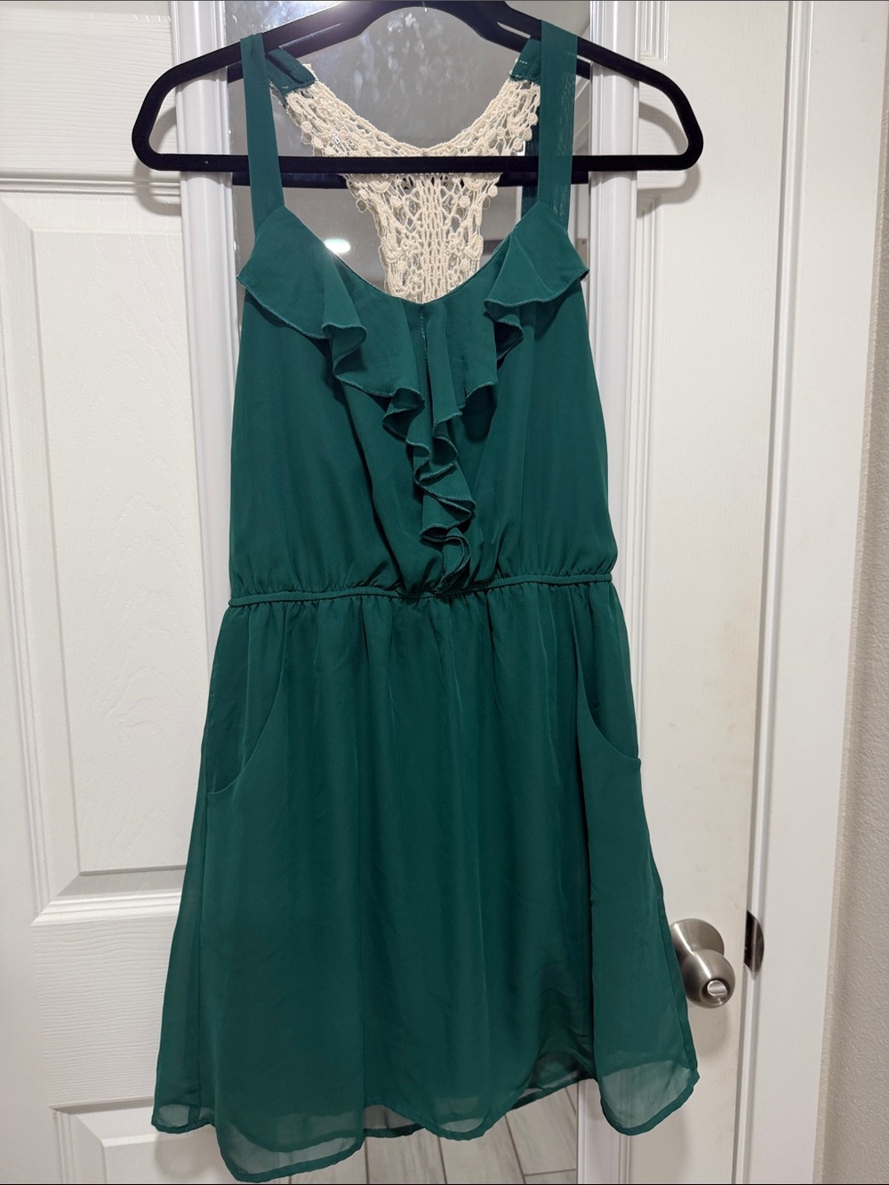 Women’s Emerald Green Ruffle Front Dress with Lace Back